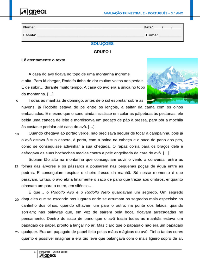 Avaliação Trimestral de Português 3.º Ano | PDF