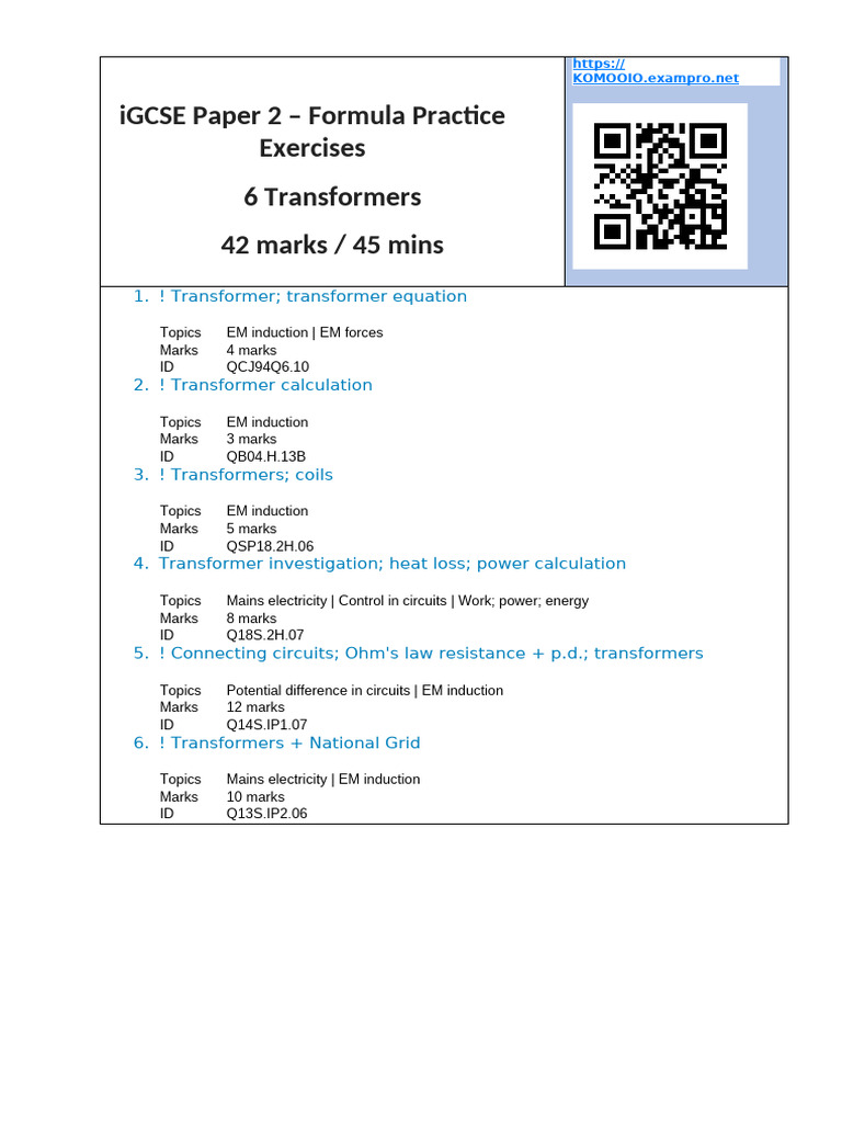 iGCSE Transformer Formula Practice | PDF | Transformer | Inductor