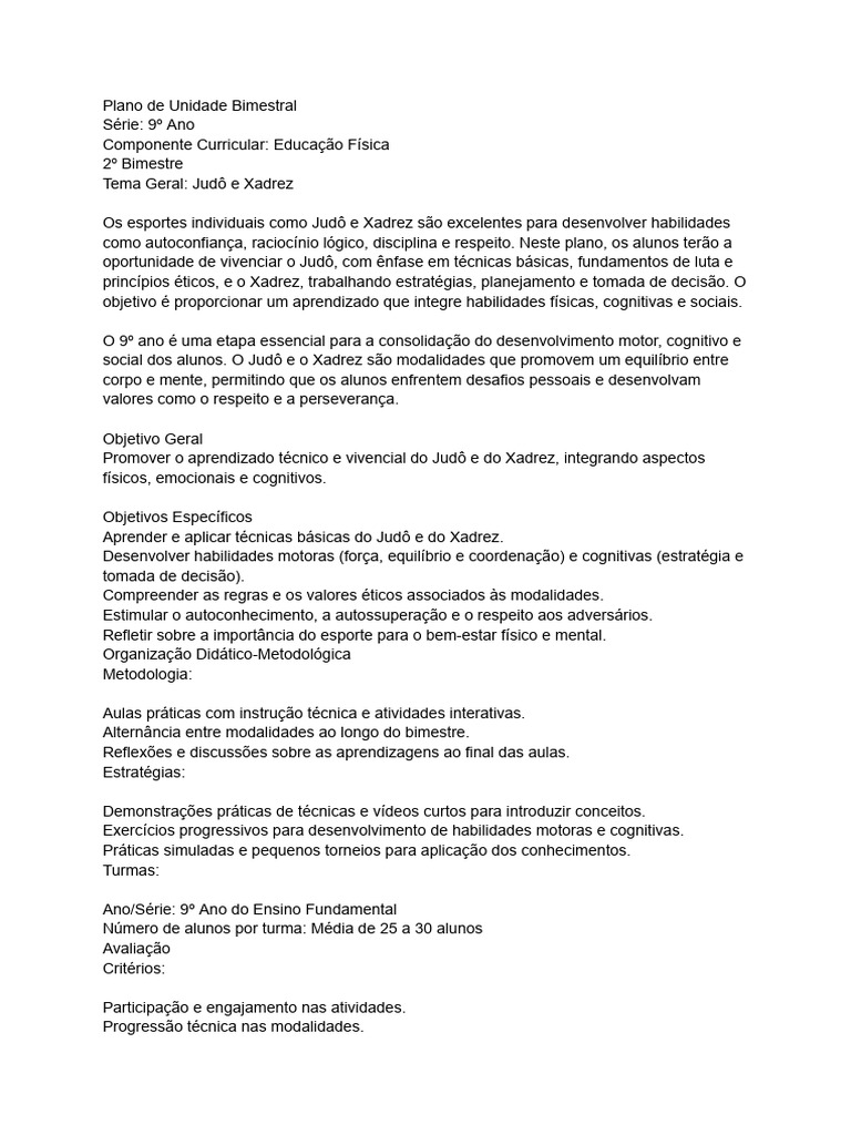 Plano de Ensino: Judô e Xadrez 9º Ano | PDF | Judô | Aprendizado