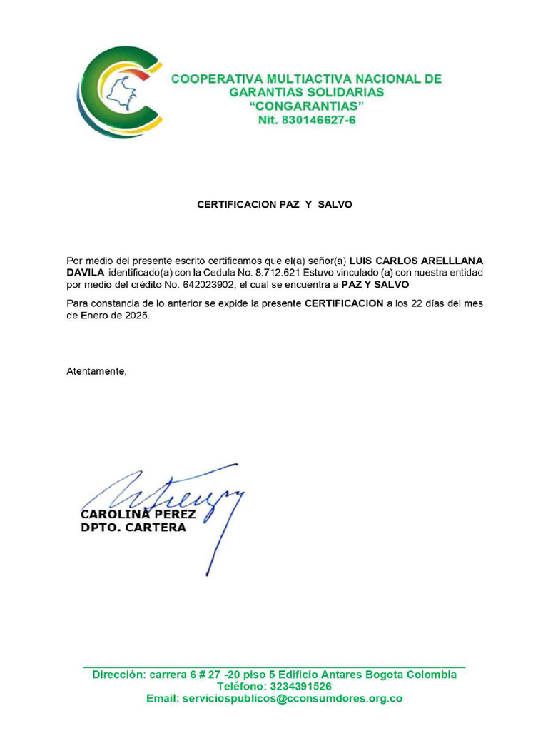 CERTIFICACION PAZ Y SALVO CONGARANTIAS - Page-0001 | PDF
