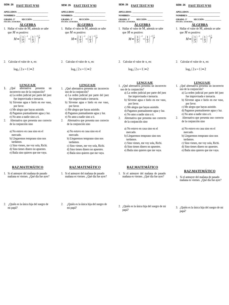 Test de Álgebra y Lenguaje 3° Grado | PDF | Matemáticas