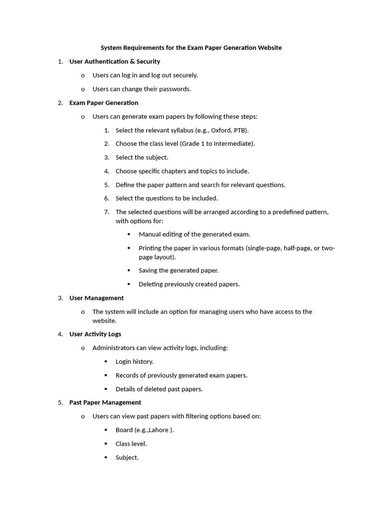 Exam Paper Generation System Requirements | PDF