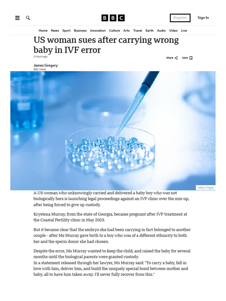 US Woman Sues After Carrying Wrong Baby in IVF Error | PDF | In Vitro ...