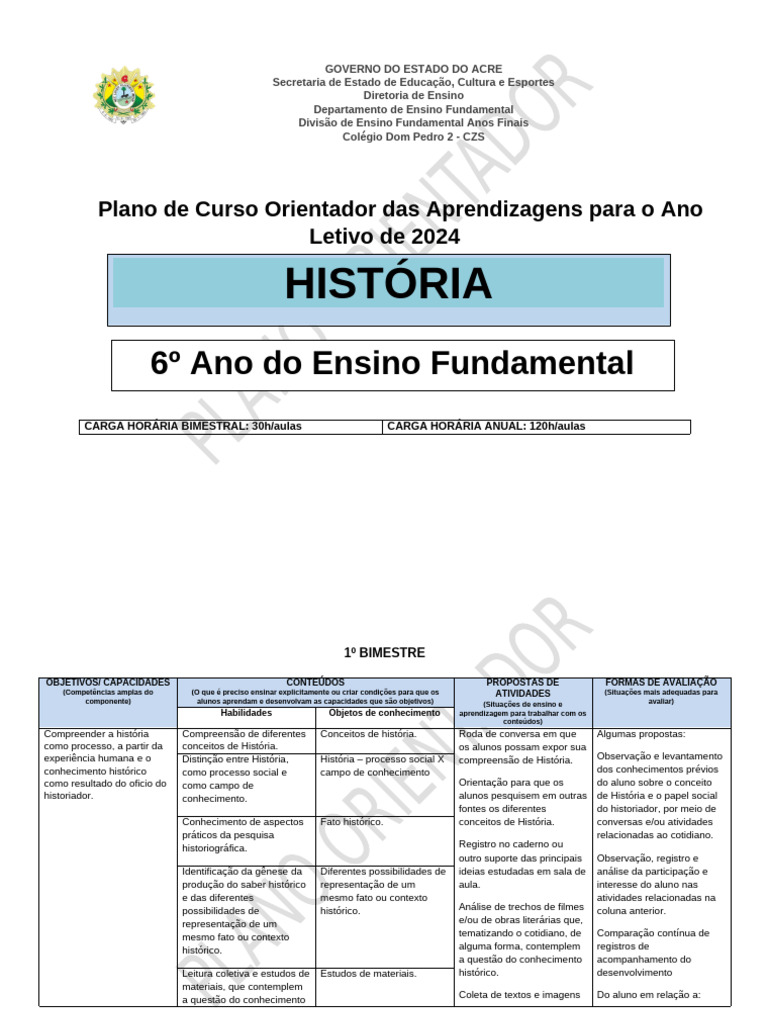 plano de historia 6 ano | PDF | Tempo | Conhecimento