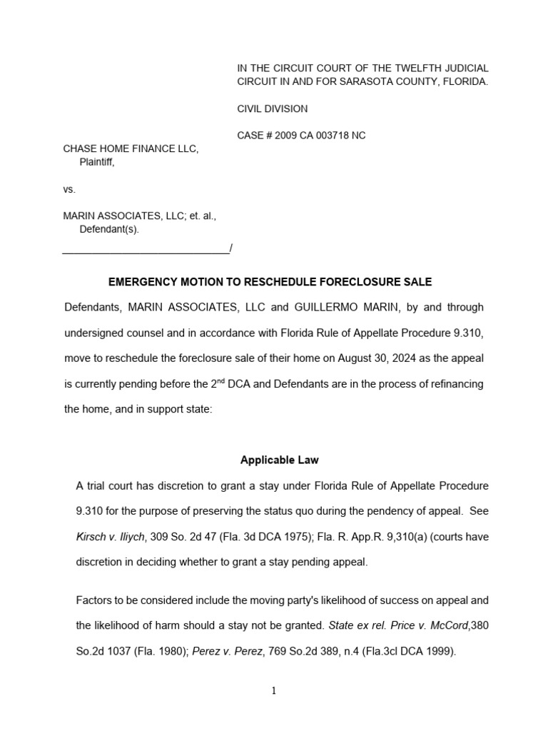 Emergency Motion to Reschedule Foreclosure | PDF | Foreclosure | Appeal