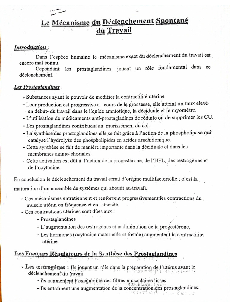 1 - Le Mécanisme Du Déclenchement Spontané Du Travail | PDF