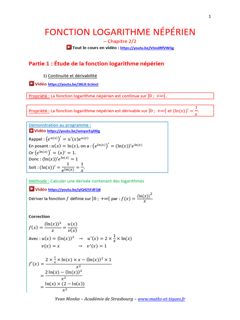Fonction logarithme népérien - Partie 2 | PDF | Limite (mathématiques ...