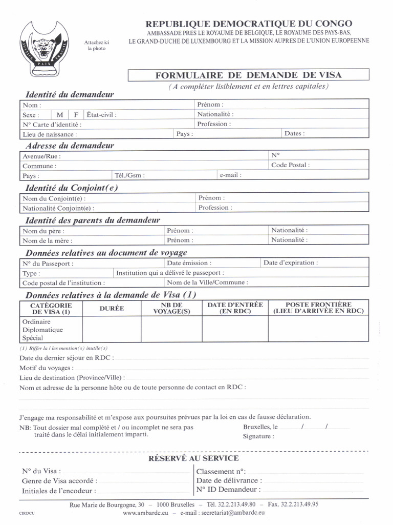Formulaire Visa RDC | PDF