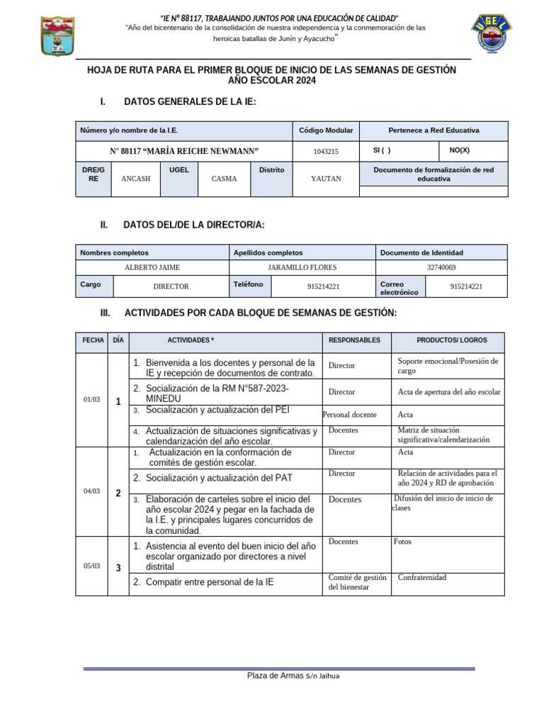 Plan de Gestión Escolar 2024 IE N° 88117 | PDF
