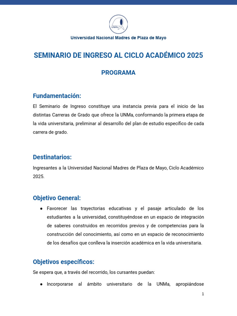 Seminario Ingreso UNMa 2025: Guía y Objetivos | PDF | Habilidades de ...