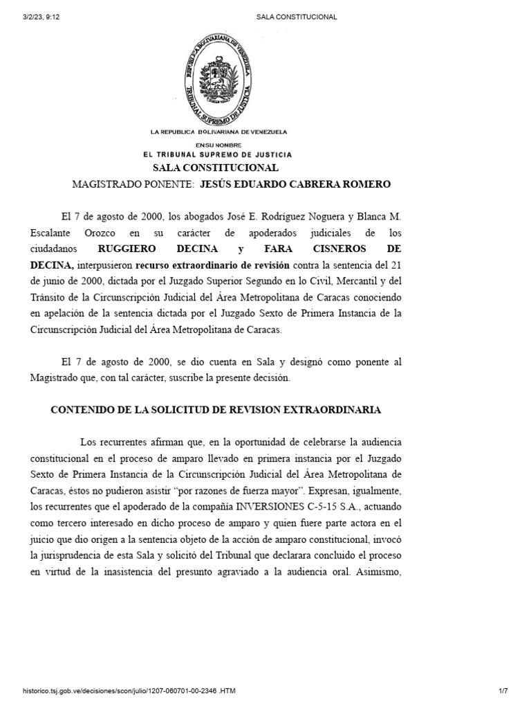 Revisión de Amparo Constitucional en Caracas | PDF | Caso de ley ...