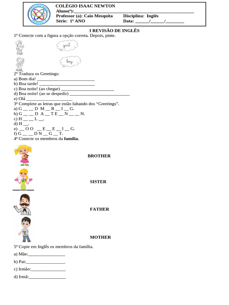 Atividades de Inglês para 1º Ano | PDF