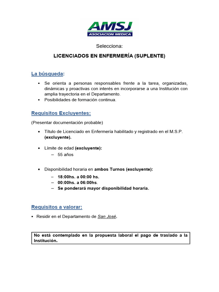 Llamado Lic. en Enfermeria Amsj 1 | PDF