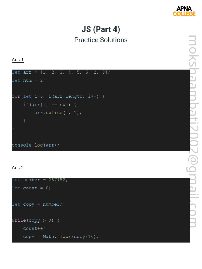 JavaScript Practice Solutions Summary | PDF