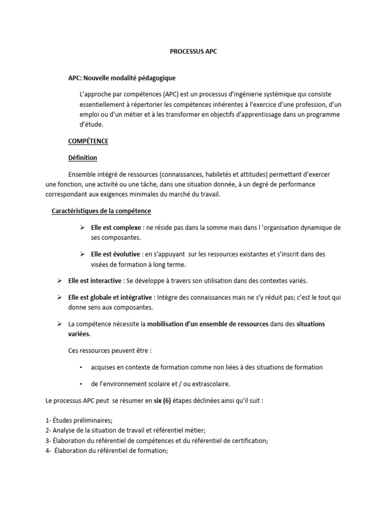 Processus APC : Approche par Compétences | PDF
