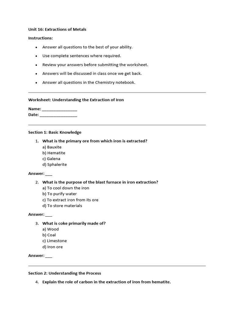 Iron and Aluminium Extraction Worksheet | PDF | Iron | Atoms