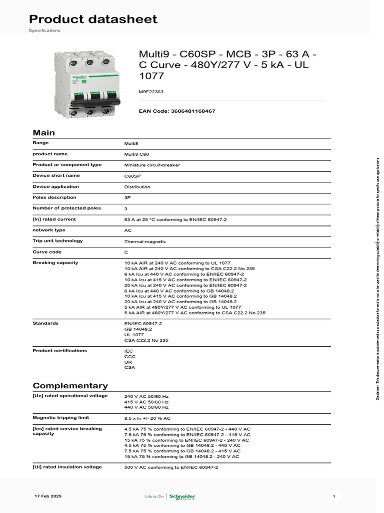 Multi9 C60SP MCB 3P 63A Specifications | PDF | International ...