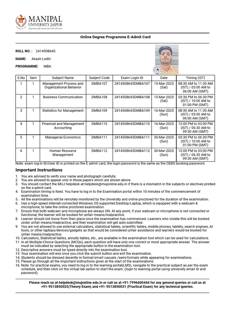 Online Degree Programme E-Admit Card: Important Instructions | PDF ...