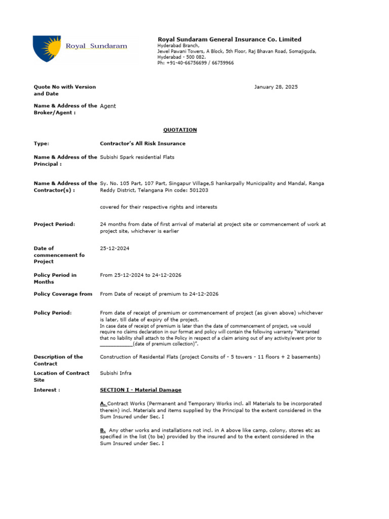 Contractor's All Risk Insurance Quote | PDF | Insurance | Liability ...