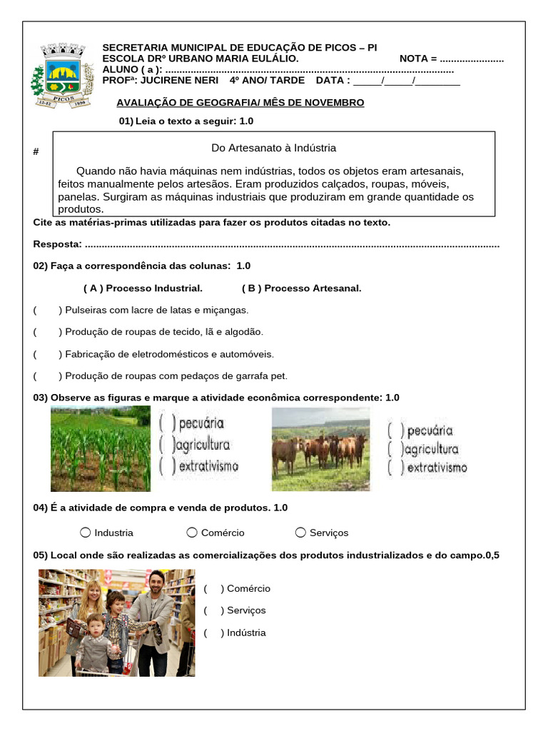Avaliação de Geografia para 4º Ano | PDF | Setor terciário da economia ...