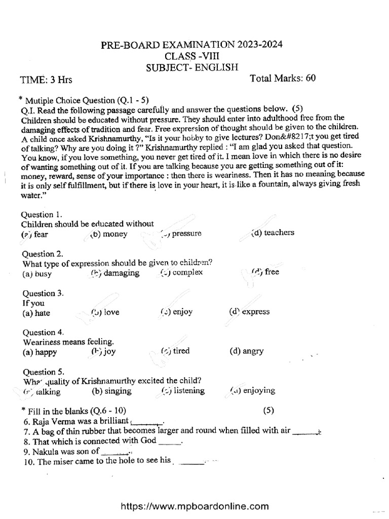 MP Board Class 8 PB English 191124 2024 | PDF