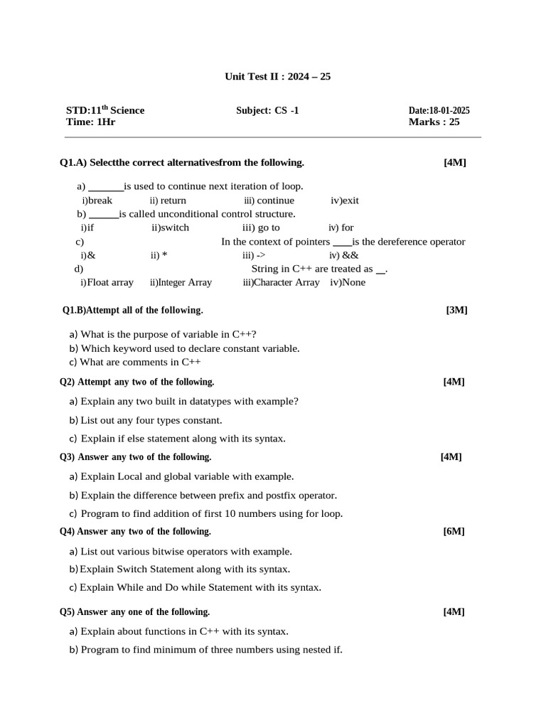 11th Science CS - 1 Unit Test II Question Paper | PDF