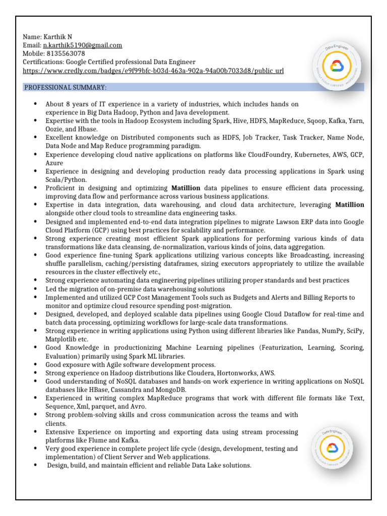 Data Engineer Resume: Big Data & Cloud Skills | PDF | Apache Spark ...