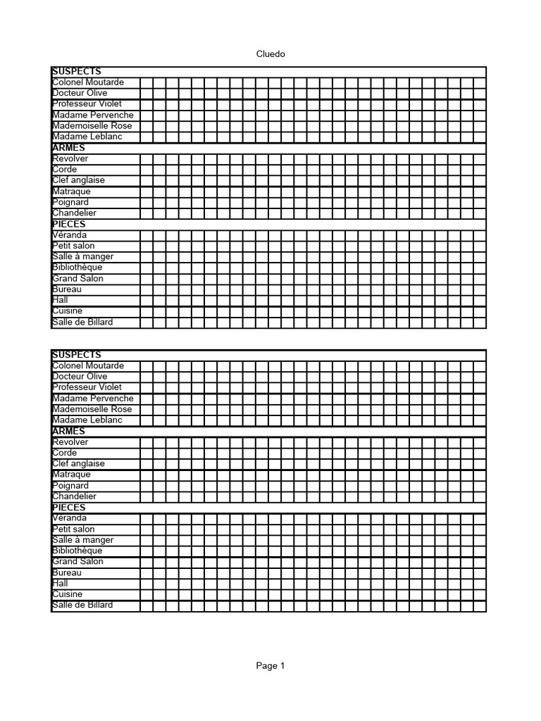 Fiches Cluedo à Imprimer Gratuitement | PDF