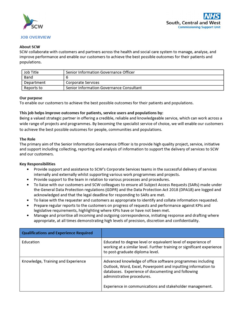 Senior Information Governance Officer Role | PDF | Governance ...