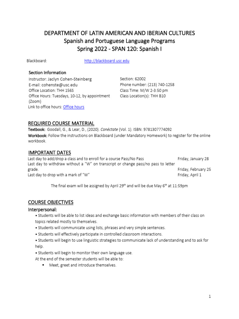 SPAN 120: Introductory Spanish Course | PDF | Communication | Second ...