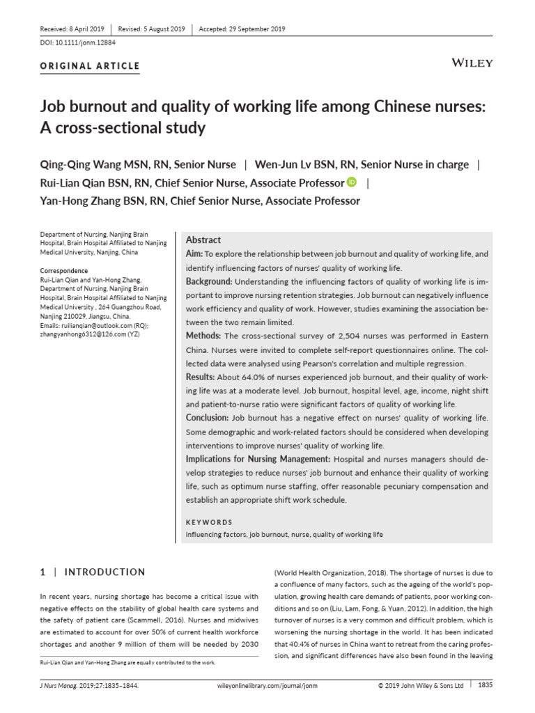 J Nursing Management - 2019 - Wang - Job Burnout and Quality of Working ...
