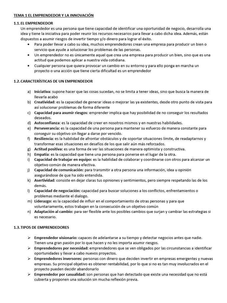 Tema 1 El Emprendedor y La Innovación | PDF | Iniciativa empresarial ...