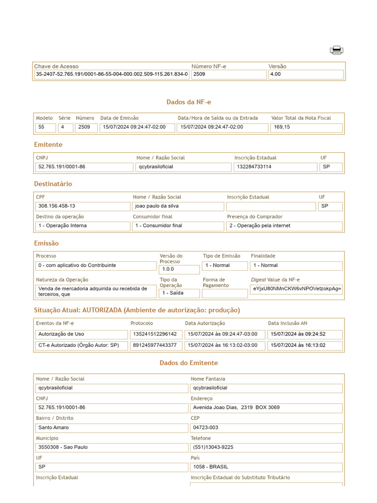 Nota Fiscal Eletrônica - CNPJ 52.765.191/0001-86 | PDF | Recibo