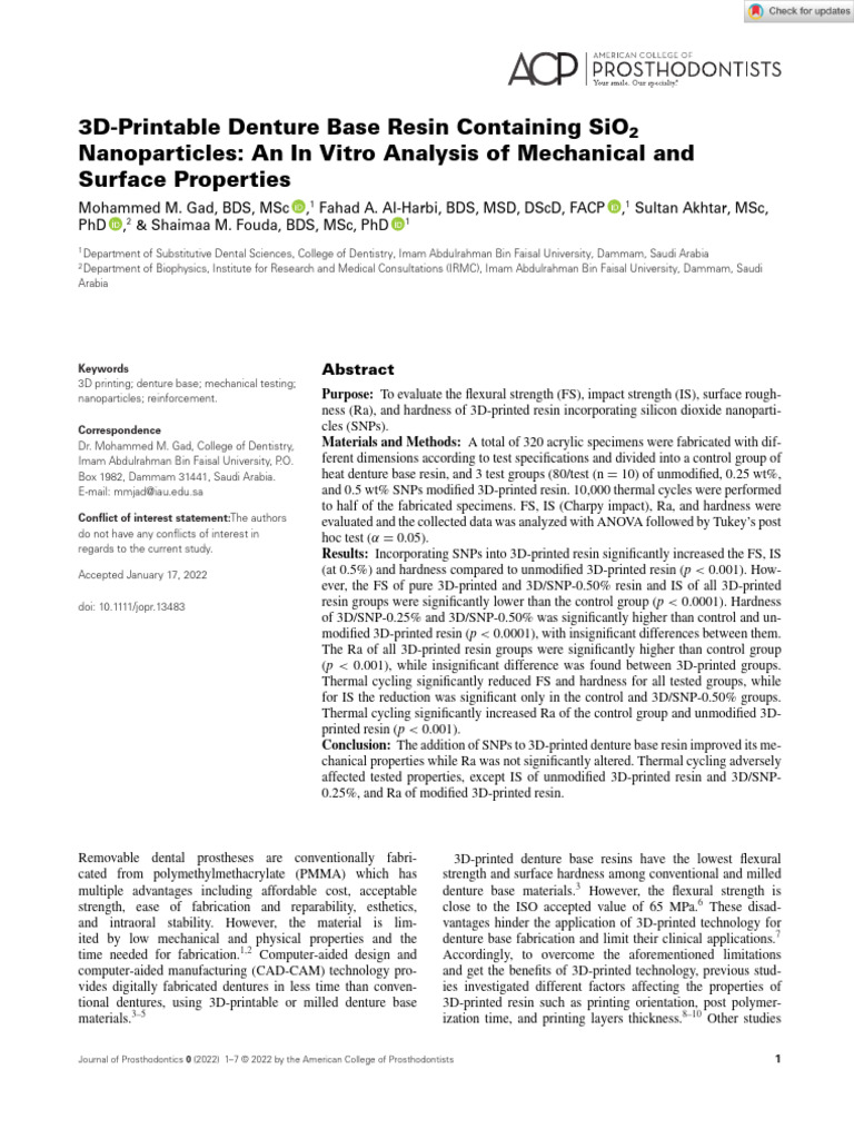 Journal of Prosthodontics - 2022 - Gad - 3D%E2%80%90Printable Denture ...