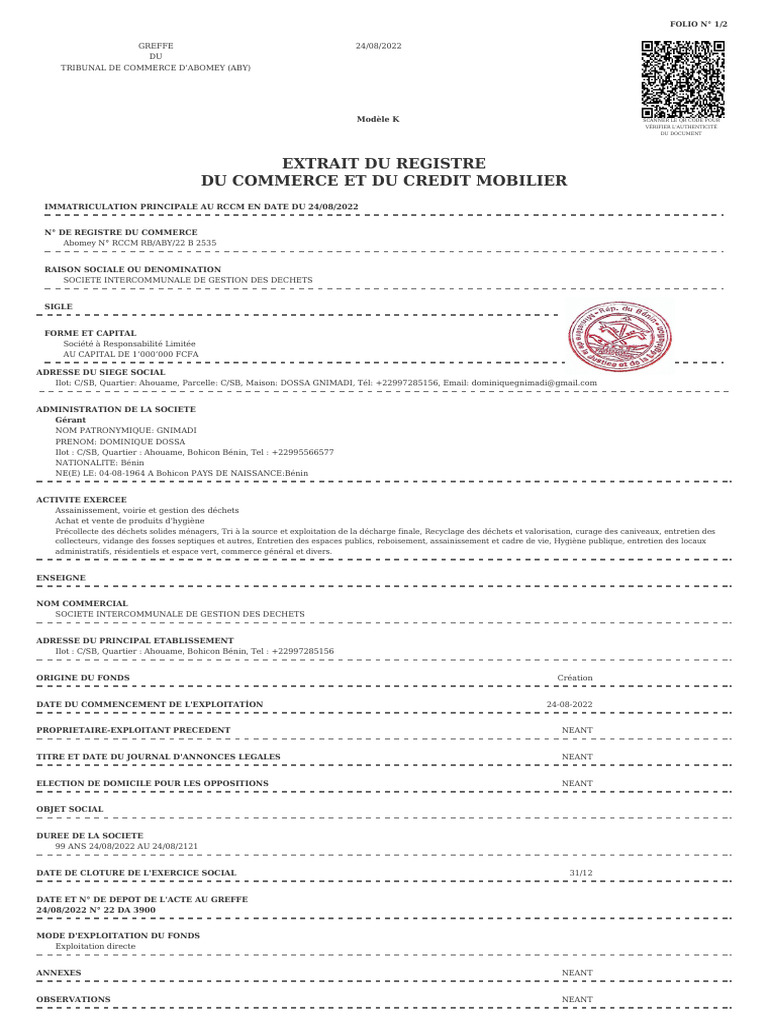Extrait RCCM Société de Gestion des Déchets | PDF | Déchets | Gestion ...