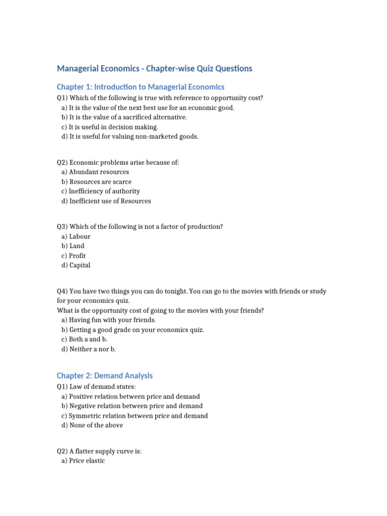 Managerial Economics Quiz Questions Pdf Elasticity Economics Demand