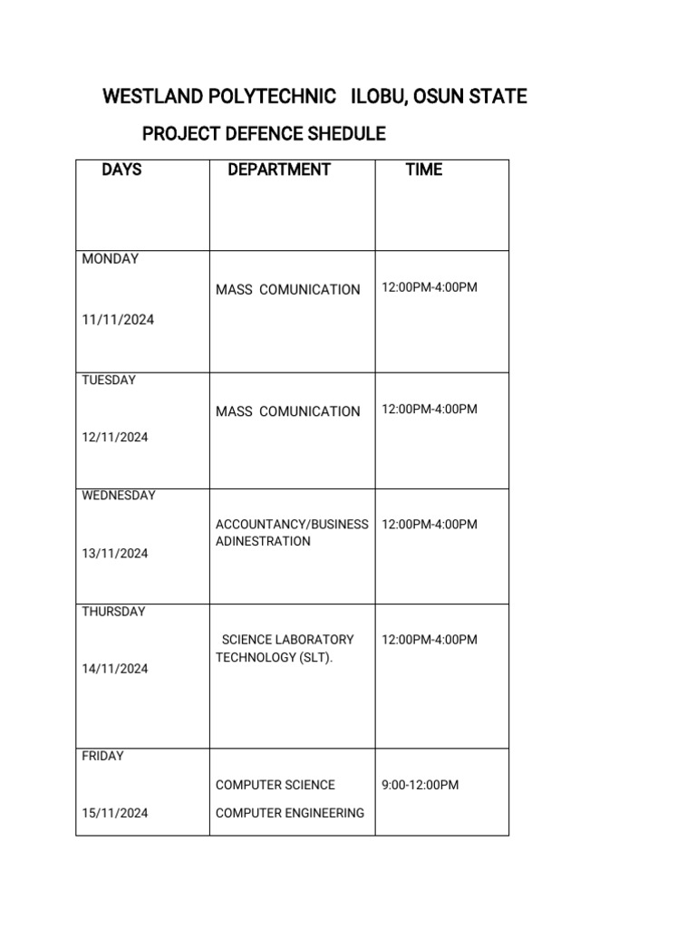 Westland Polytechnic Project Defense Schedule | PDF