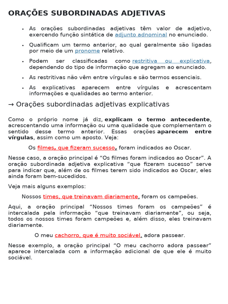 Oração Subordinada Adjetiva Explicativa e Restritiva | PDF ...