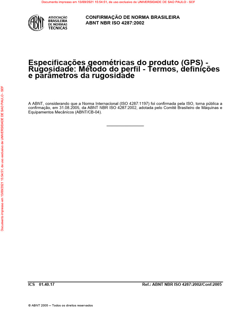 Confirmação da NBR ISO 4287:2002 | PDF