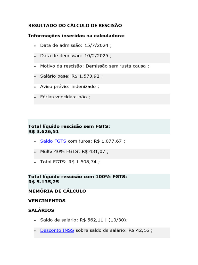 Cálculo de Rescisão Trabalhista | PDF | Férias trabalhistas | Relações ...
