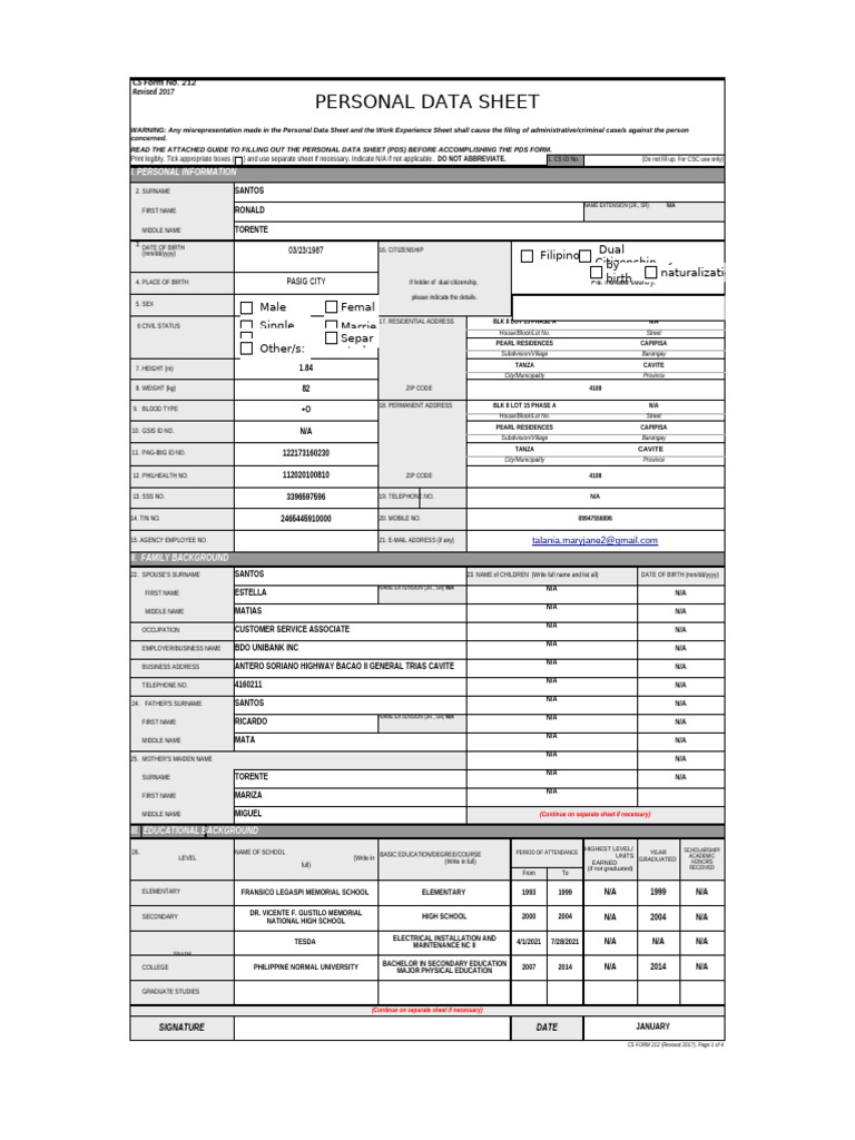 Personal Data Sheet Template | PDF | Government