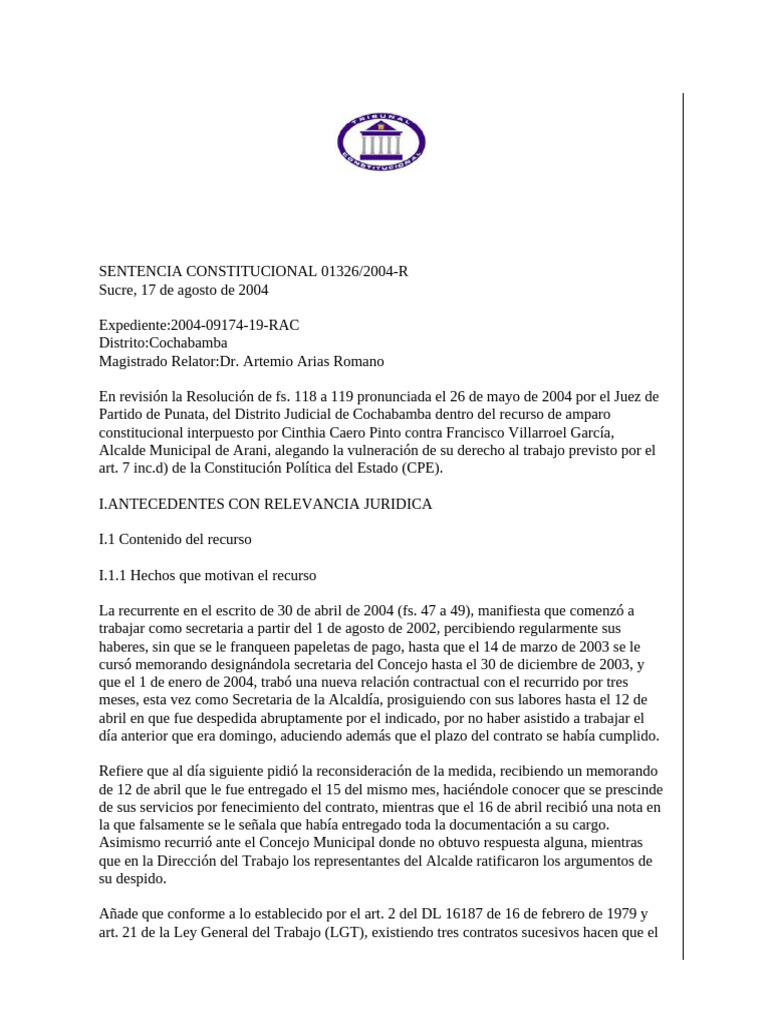 SENTENCIA CONSTITUCIONAL 01326 | PDF | Alcalde | Servicio Civil