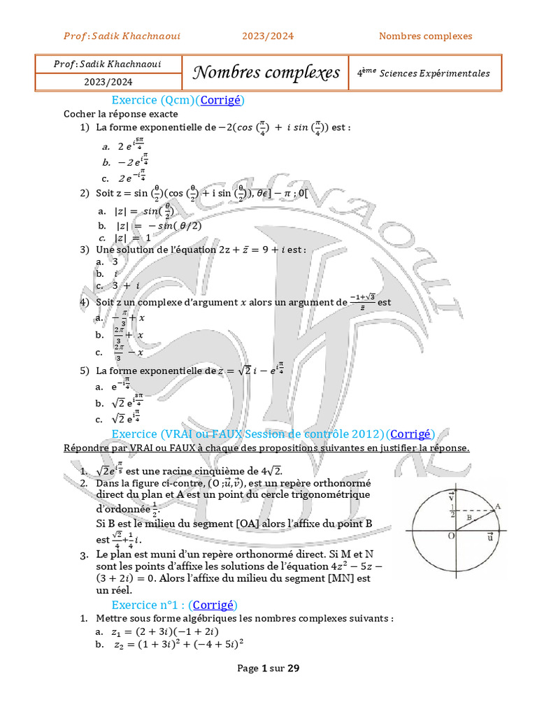 Exercices corrigés sur les nombres complexes | PDF | Nombre complexe ...