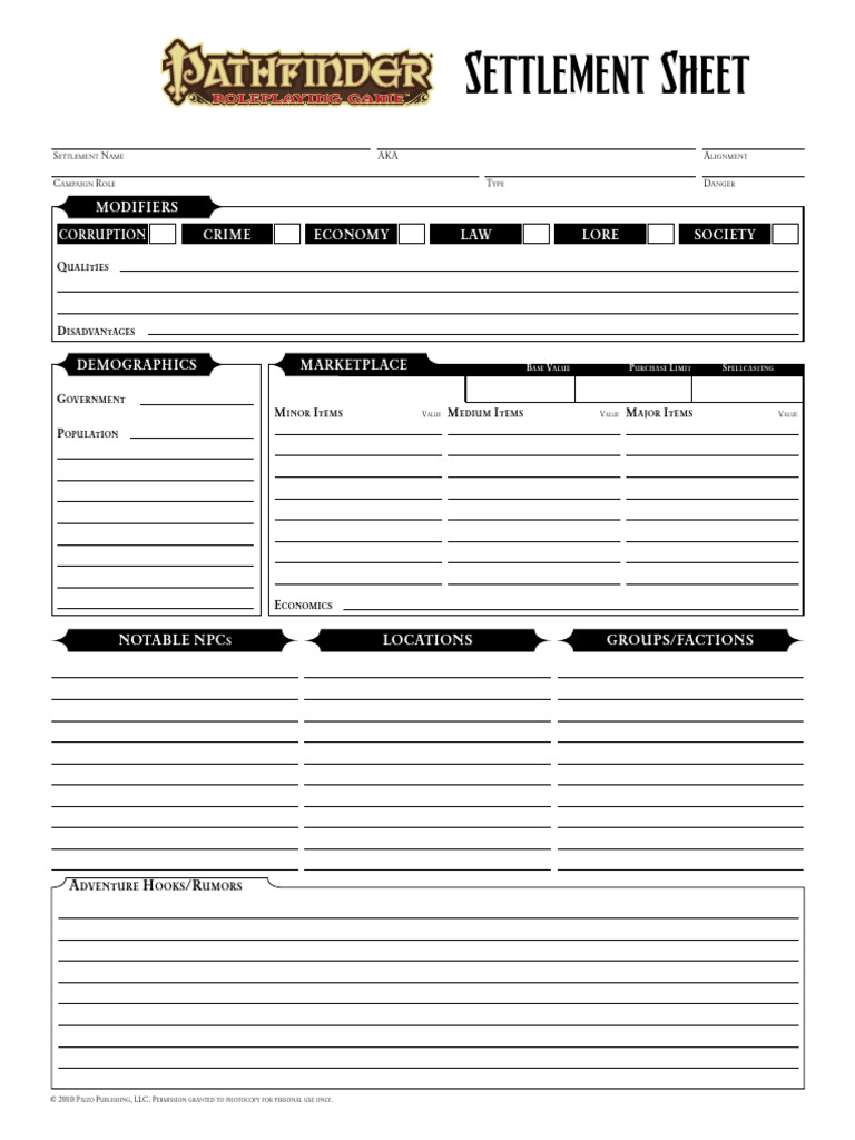Settlement Sheet for RPG Campaigns | PDF