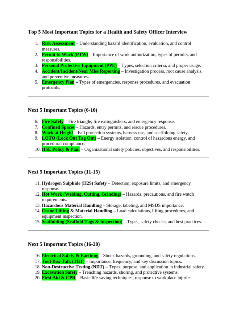Health and Safety Officer Interview Topics | PDF | Hazards | Personal ...