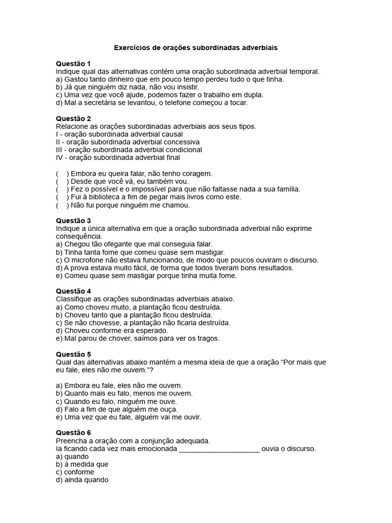 Exercícios sobre Orações Subordinadas Adverbiais | PDF
