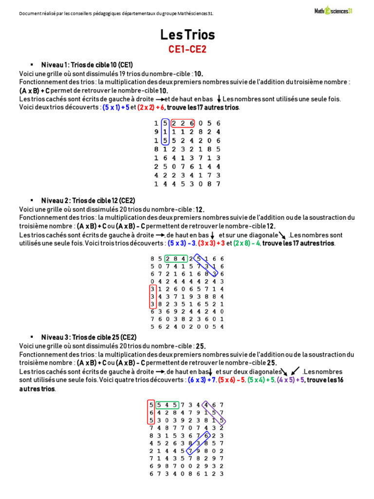 Trios Mathématiques CE1-CE2 : Cibles 10, 12, 25 | PDF