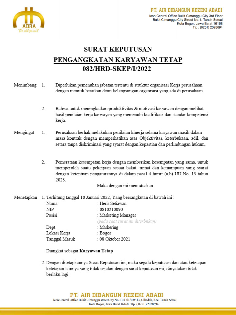Surat Keputusan Pengangkatan Karyawan Tetap | PDF