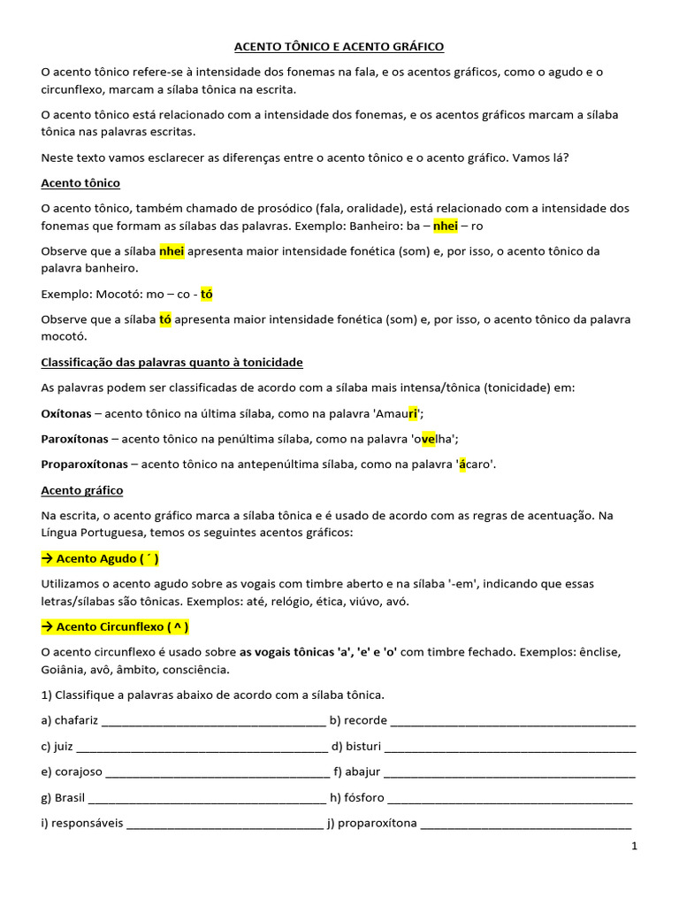 Acento Tônico e Classificação de Palavras | PDF | Estresse (Linguística ...