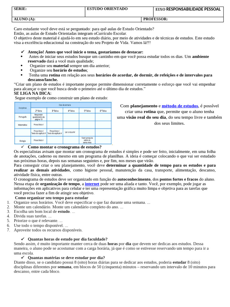 Plano de Estudo Semanal Eficiente | PDF | Tempo
